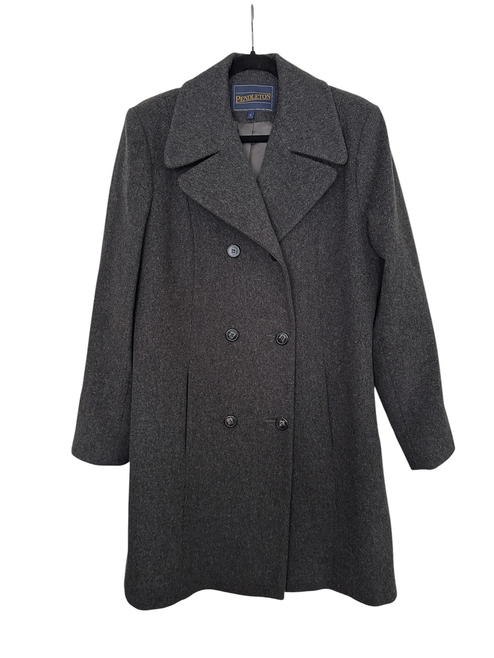 PENDLETON 100% Wool Double Breasted Coat Gray USA Size 12 Classic Long Overcoat